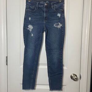 Old Navy Dark Wash Distressed Skinny Jeans Mid Rise Stretch Size 8